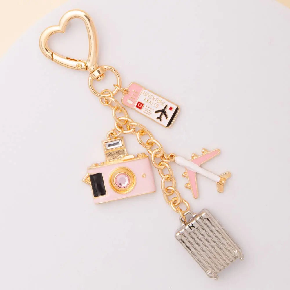 Travel-Themed Bag Charm Keychain with Heart Clasp SP Sophia Collection