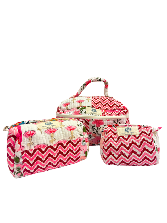 Pink Petale | Quilted Cosmetic Bag Set of 3 Heart of Grace