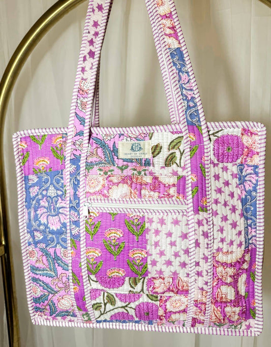Large Quilted Zipper Tote Bag | Starlit Blooms Patchwork