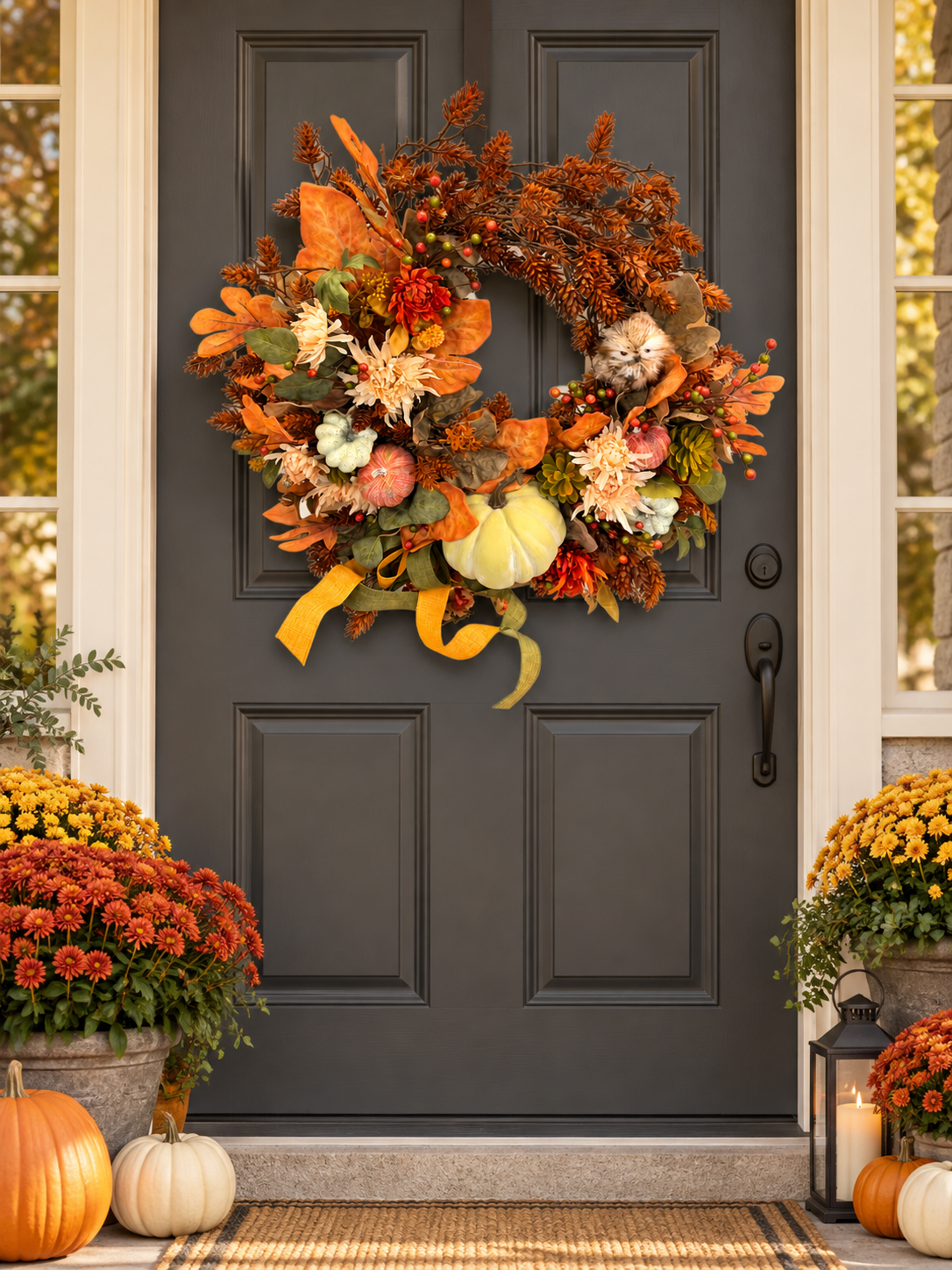 Handmade Autumn Harvest Wreath with Pumpkins & Owl Carson's She Shed