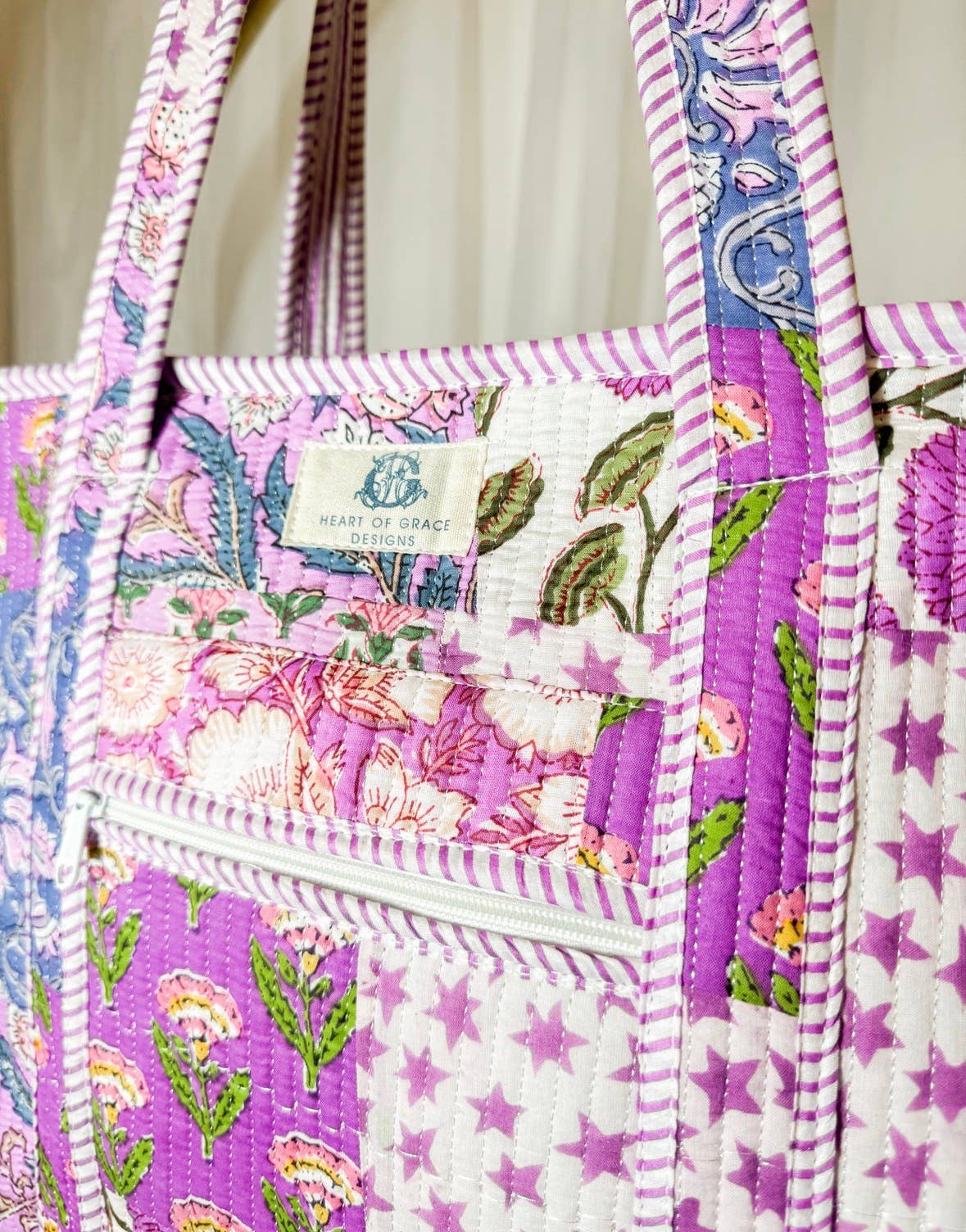 Large Quilted Zipper Tote Bag | Starlit Blooms Patchwork