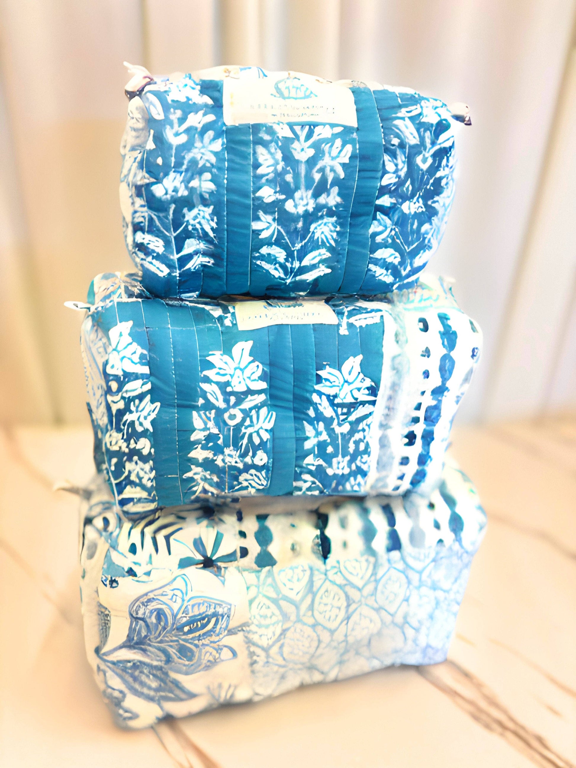 Bleu Chapelle | Quilted Cosmetic Bag Set of 3 Heart of Grace