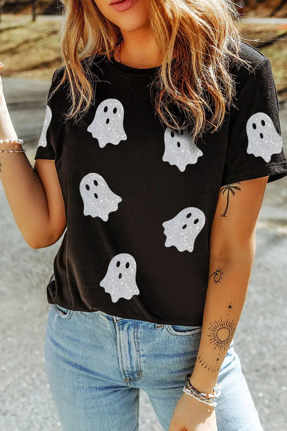 LDC Glitter Ghost Pattern Crew Neck Halloween Graphic Shirt Little Daisy Closet