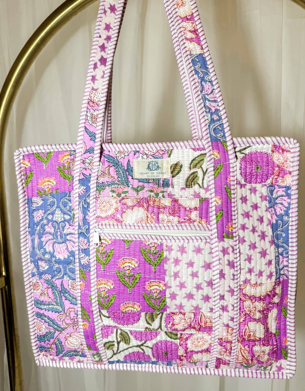 Large Quilted Zipper Tote Bag | Starlit Blooms Patchwork