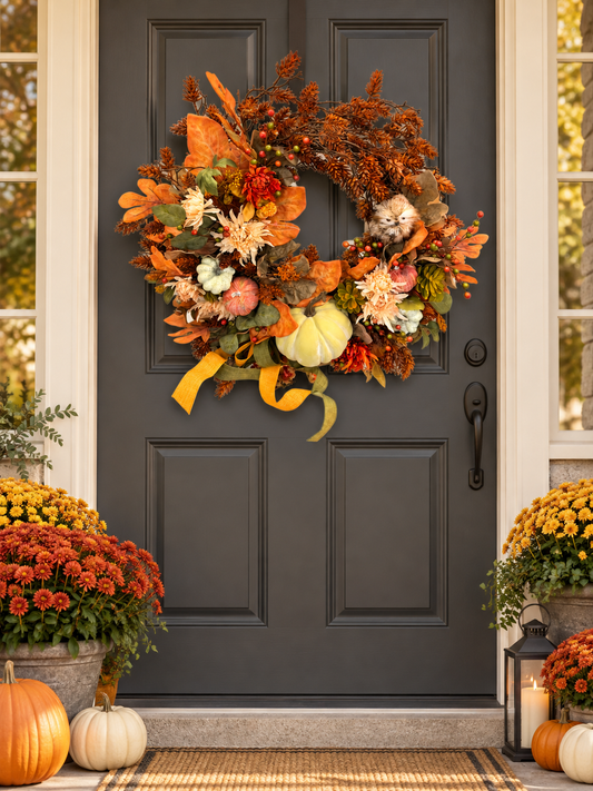 Handmade Autumn Harvest Wreath with Pumpkins & Owl Carson's She Shed