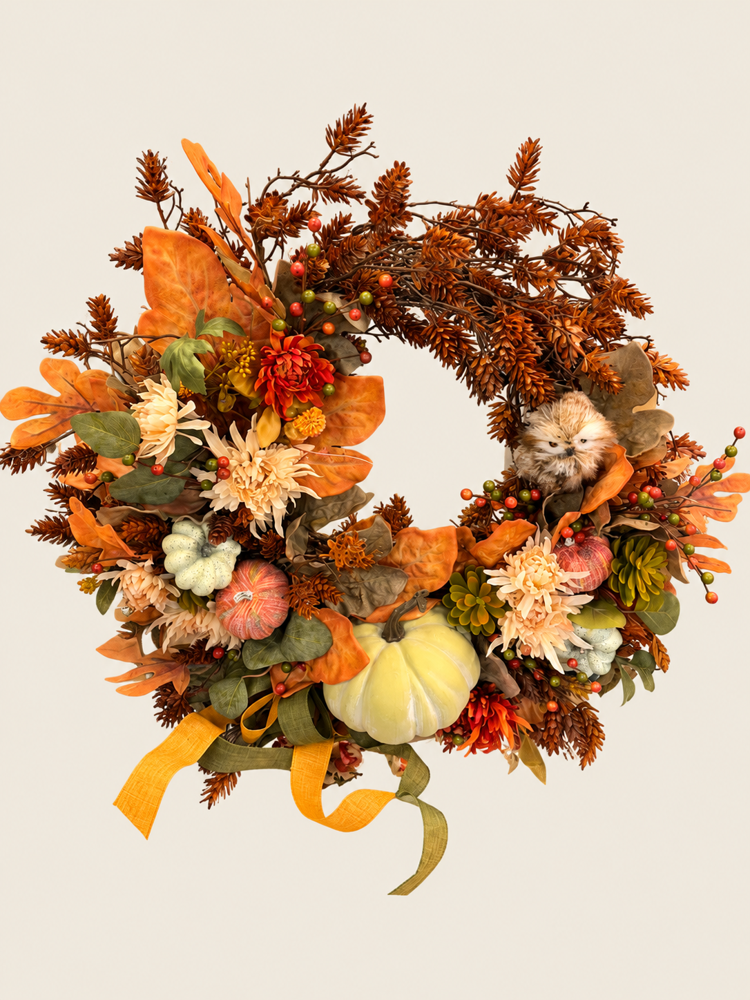 Handmade Autumn Harvest Wreath with Pumpkins & Owl Carson's She Shed