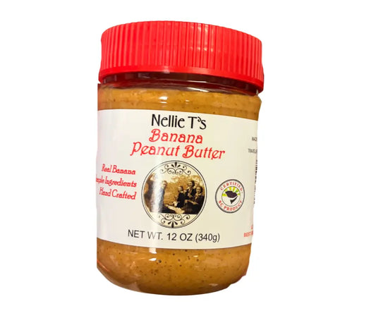 Jar of Nellie T's Banana Peanut Butter on a white background