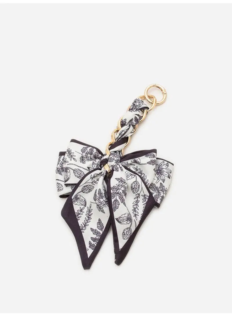 VINTAGE FLORAL SILK BOW BAG CHARM KEYCHAIN | 40KC148: Black JOSSLYN by wall to wall